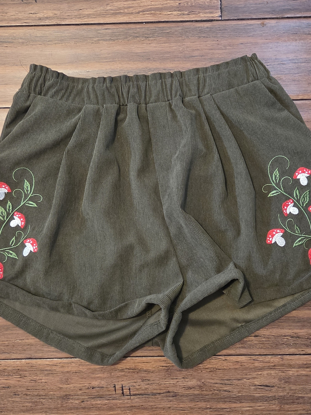 Olive Green Corduroy Shorts with Embroidered Mushrooms